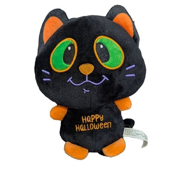 American Greetings Black Cat Plush Halloween "Happy Halloween" Green eyes 8" - Picture 1 of 6